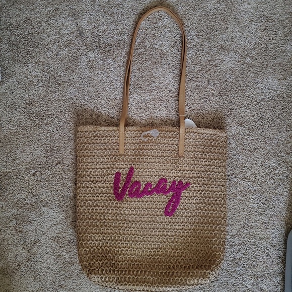 Vacay Straw Tote Beach Pool Bag Tan Pink - Picture 4 of 5